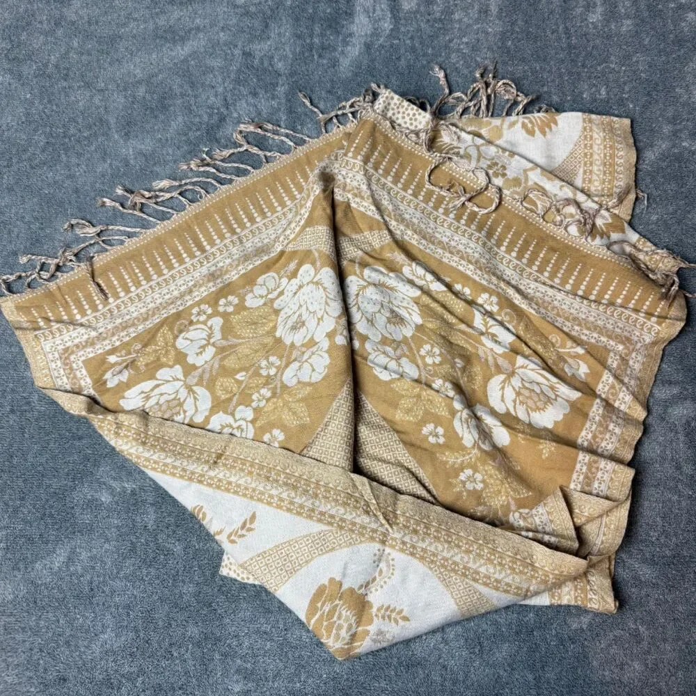Vintage Beige Cream Floral Jacquard Fringe Scarf Shawl Wrap Boho Elegant